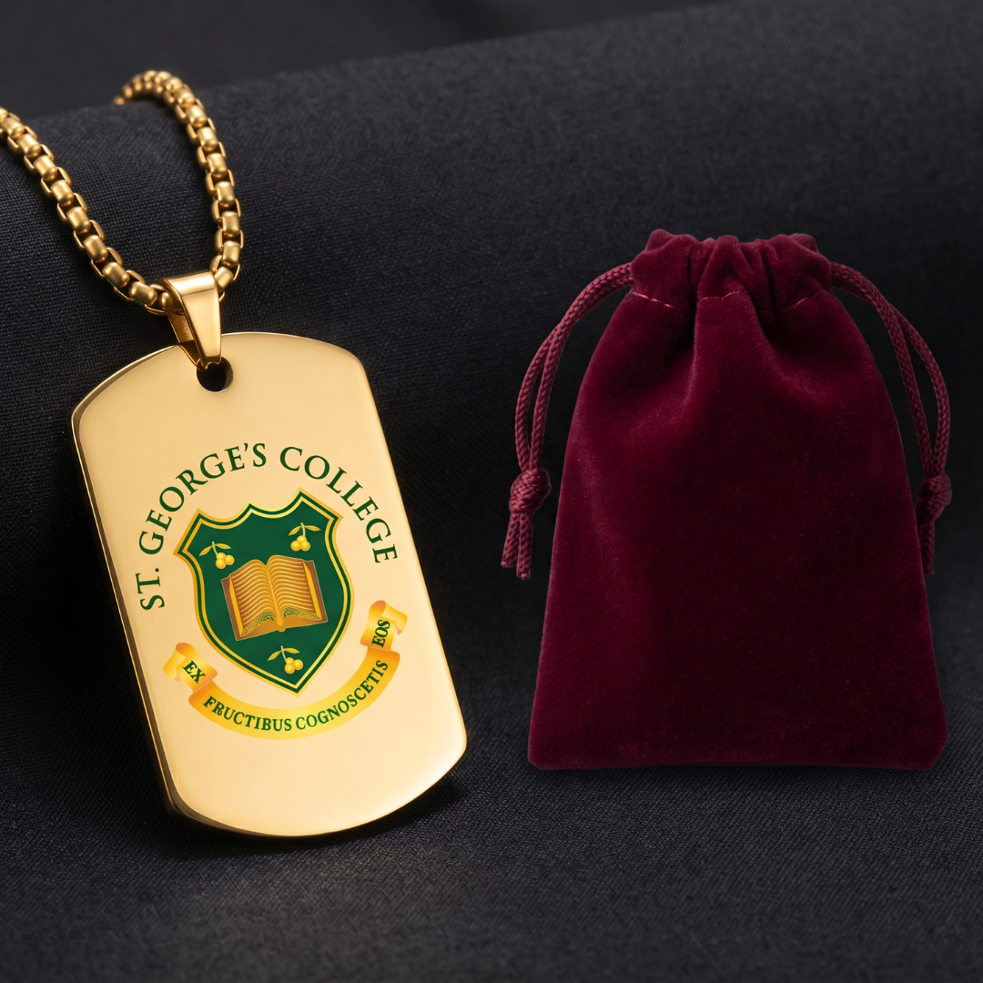 St. George's College gold tag with burgundy velvet pouch